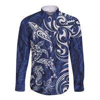 New Zealand Connecting with Seas Long Sleeve Button Shirt Maori Tribal and Sea Animals Tattoo - White Glass Style