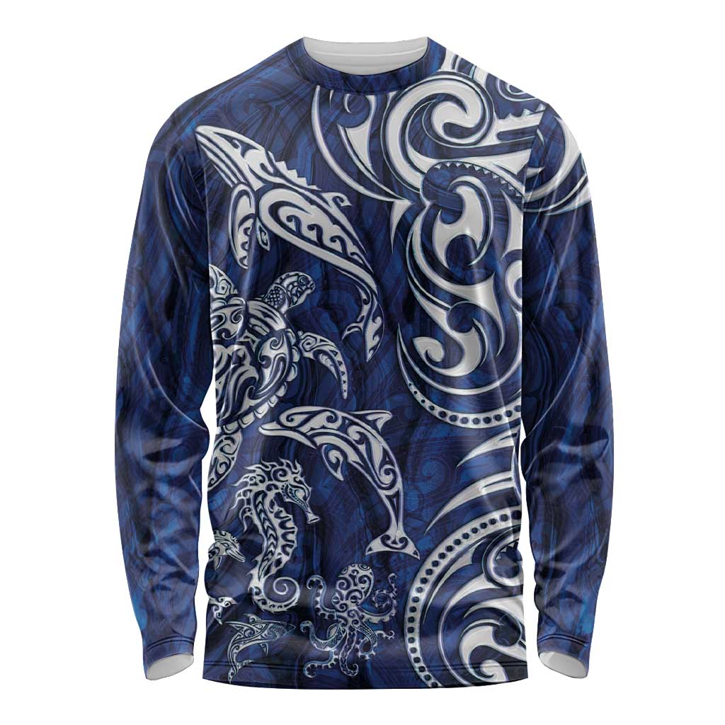 New Zealand Connecting with Seas Long Sleeve Shirt Maori Tribal and Sea Animals Tattoo - White Glass Style LT03 Unisex Navy - Polynesian Pride