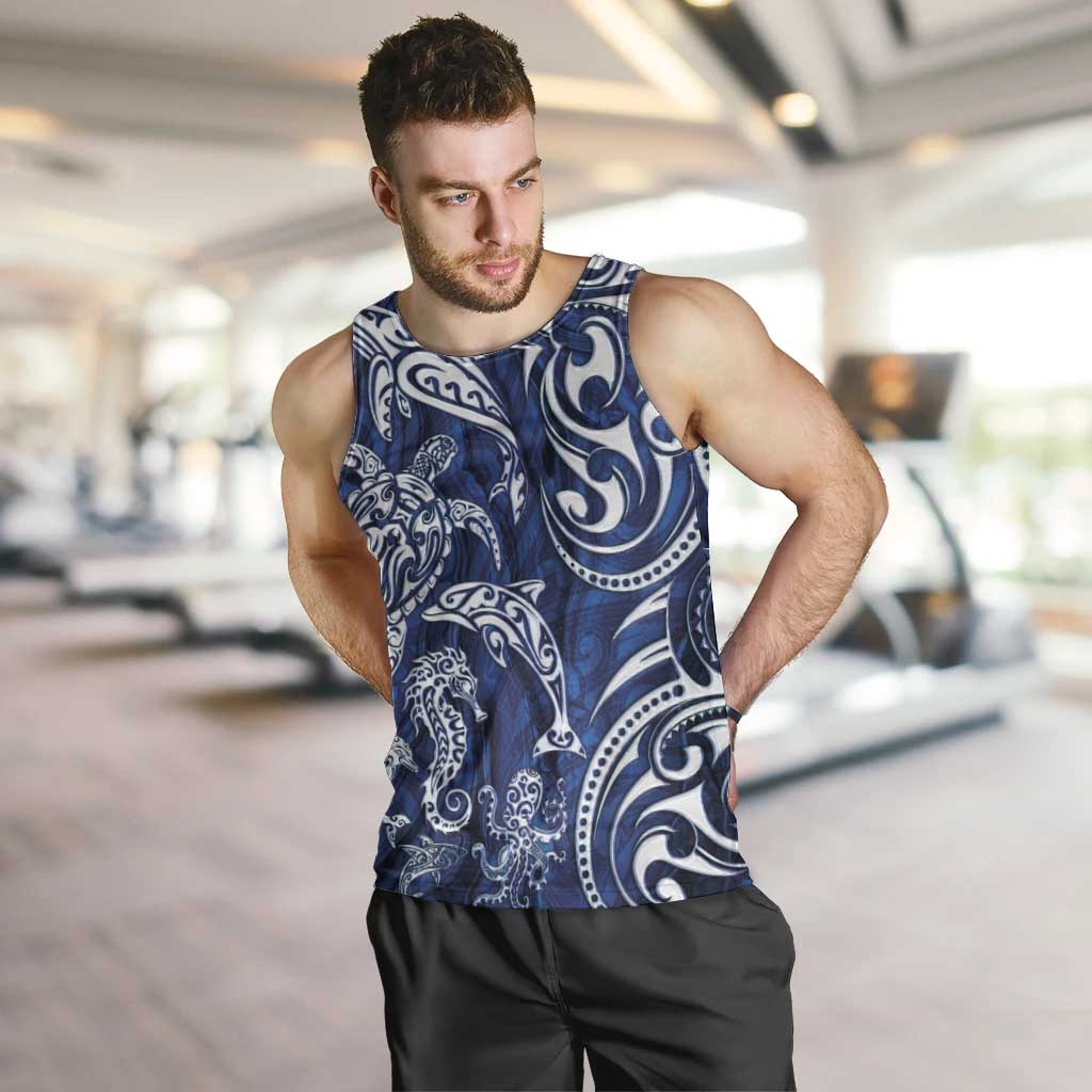 New Zealand Connecting with Seas Men Tank Top Maori Tribal and Sea Animals Tattoo - White Glass Style