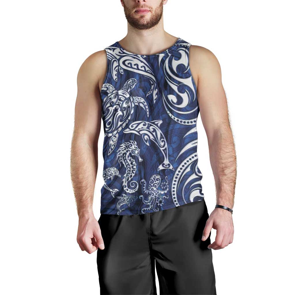 New Zealand Connecting with Seas Men Tank Top Maori Tribal and Sea Animals Tattoo - White Glass Style