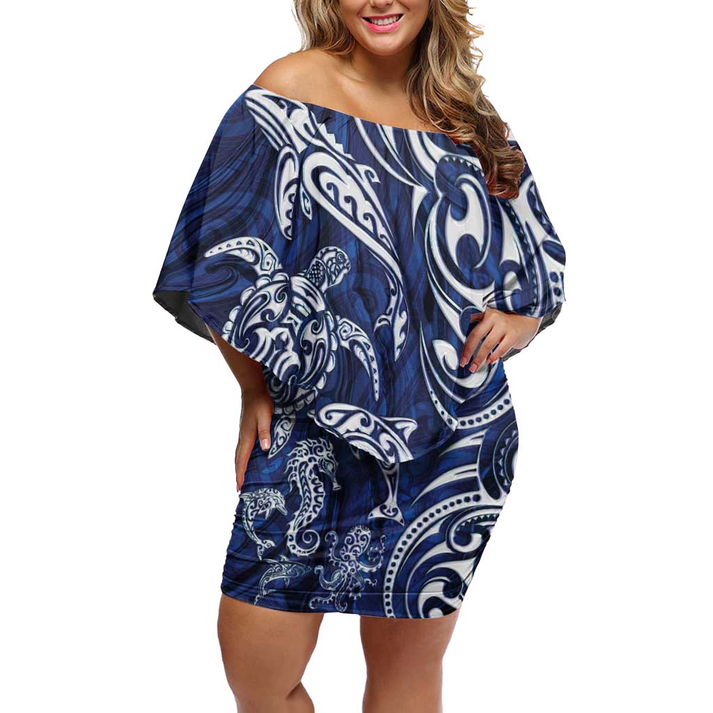 New Zealand Connecting with Seas Off Shoulder Short Dress Maori Tribal and Sea Animals Tattoo - White Glass Style