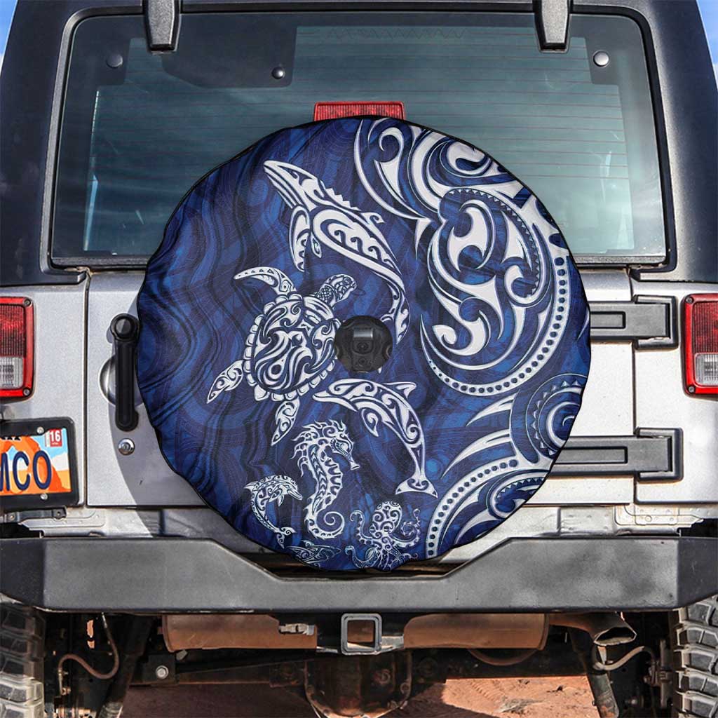 New Zealand Connecting with Seas Spare Tire Cover Maori Tribal and Sea Animals Tattoo - White Glass Style