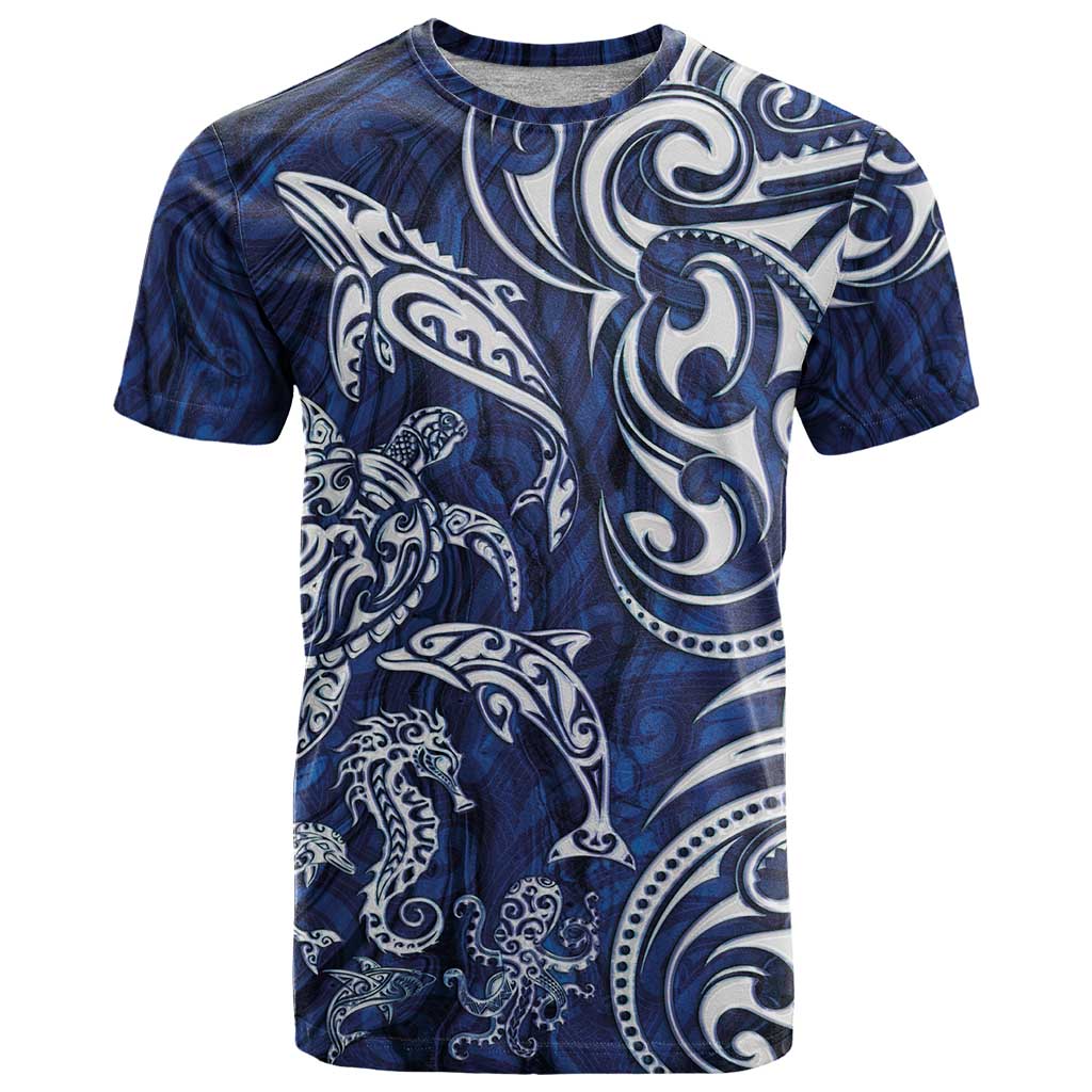New Zealand Connecting with Seas T Shirt Maori Tribal and Sea Animals Tattoo - White Glass Style LT03 Navy - Polynesian Pride
