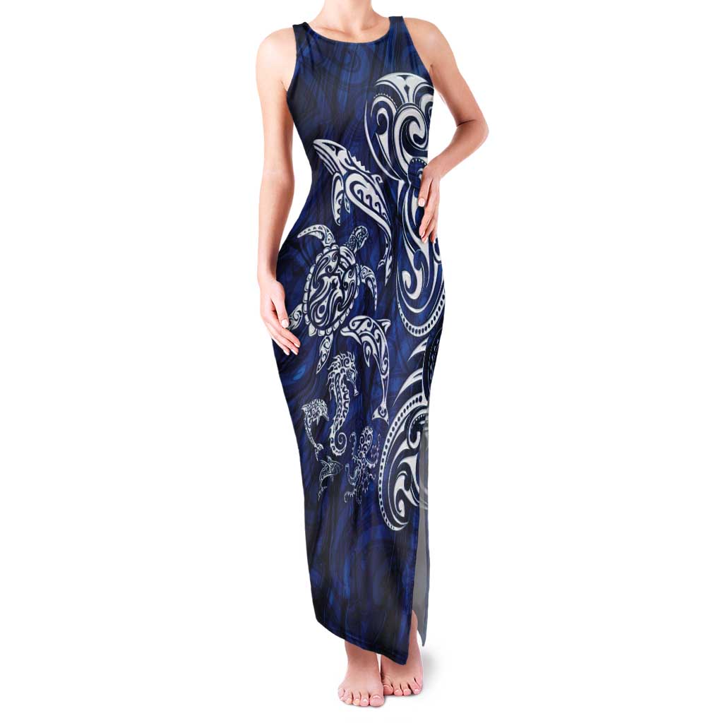 New Zealand Connecting with Seas Tank Maxi Dress Maori Tribal and Sea Animals Tattoo - White Glass Style
