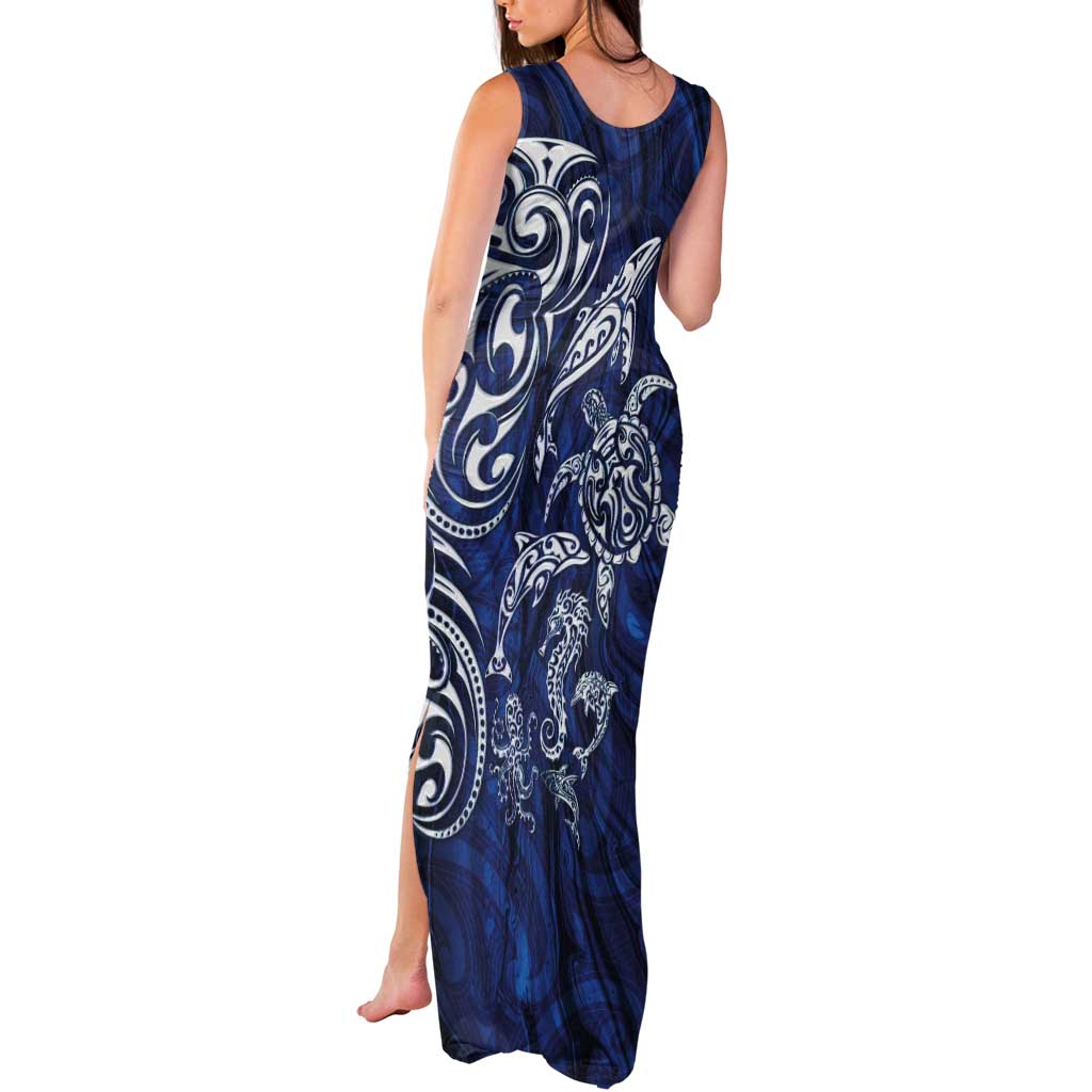New Zealand Connecting with Seas Tank Maxi Dress Maori Tribal and Sea Animals Tattoo - White Glass Style