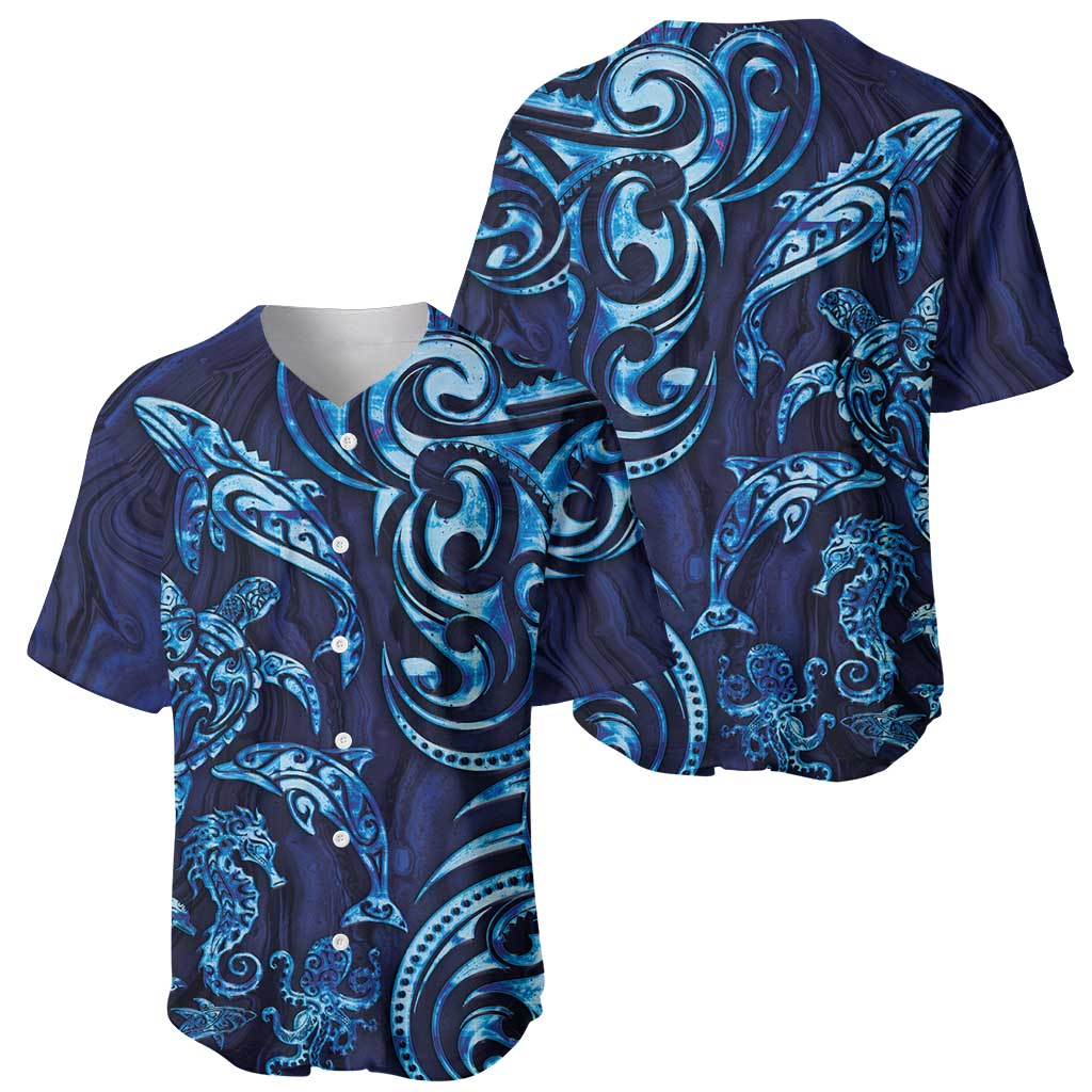 New Zealand Connecting with Seas Baseball Jersey Maori Tribal and Sea Animals Tattoo - Sea Texture Glass Style