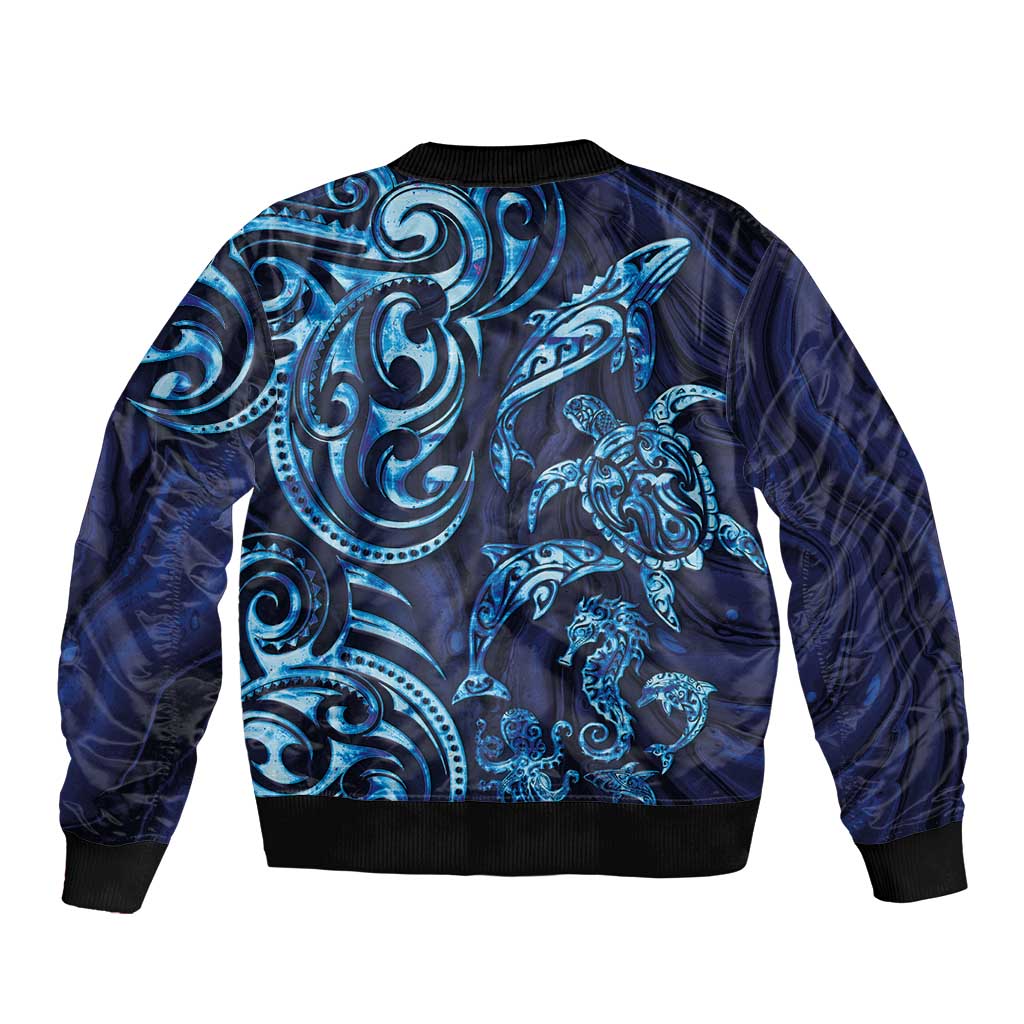 New Zealand Connecting with Seas Bomber Jacket Maori Tribal and Sea Animals Tattoo - Sea Texture Glass Style