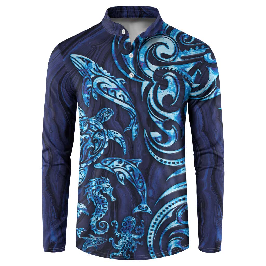 New Zealand Connecting with Seas Button Sweatshirt Maori Tribal and Sea Animals Tattoo - Sea Texture Glass Style