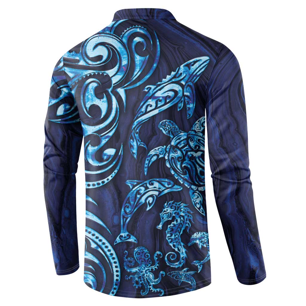 New Zealand Connecting with Seas Button Sweatshirt Maori Tribal and Sea Animals Tattoo - Sea Texture Glass Style