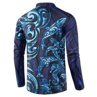 New Zealand Connecting with Seas Button Sweatshirt Maori Tribal and Sea Animals Tattoo - Sea Texture Glass Style
