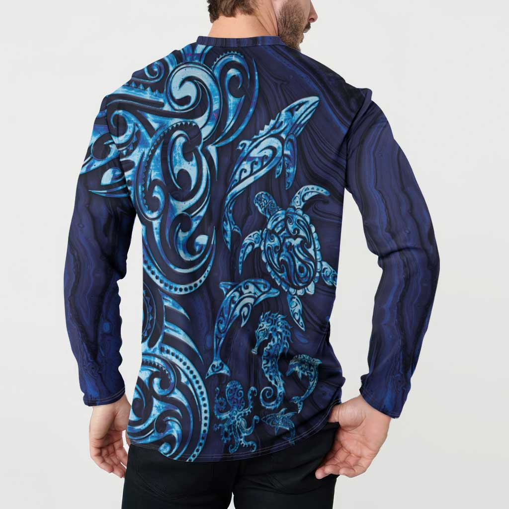 New Zealand Connecting with Seas Button Sweatshirt Maori Tribal and Sea Animals Tattoo - Sea Texture Glass Style