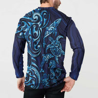 New Zealand Connecting with Seas Button Sweatshirt Maori Tribal and Sea Animals Tattoo - Sea Texture Glass Style