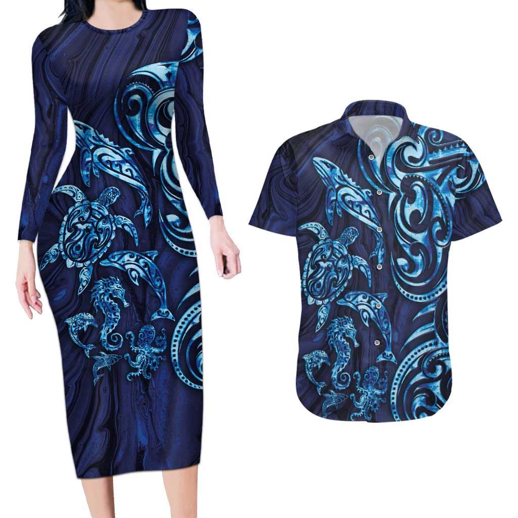 New Zealand Connecting with Seas Couples Matching Long Sleeve Bodycon Dress and Hawaiian Shirt Maori Tribal and Sea Animals Tattoo - Sea Texture Glass Style LT03 Navy - Polynesian Pride