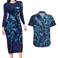 New Zealand Connecting with Seas Couples Matching Long Sleeve Bodycon Dress and Hawaiian Shirt Maori Tribal and Sea Animals Tattoo - Sea Texture Glass Style LT03 Navy - Polynesian Pride