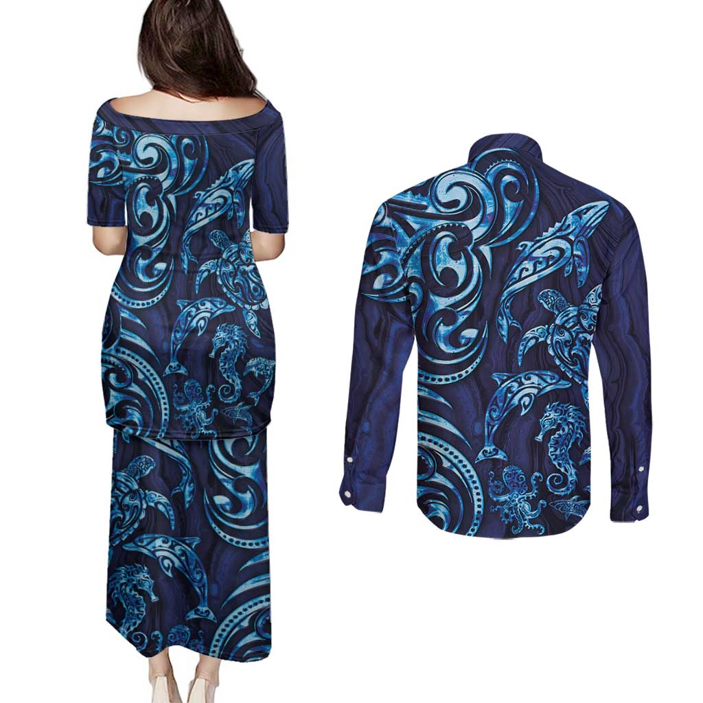New Zealand Connecting with Seas Couples Matching Puletasi and Long Sleeve Button Shirt Maori Tribal and Sea Animals Tattoo - Sea Texture Glass Style LT03 - Polynesian Pride