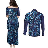 New Zealand Connecting with Seas Couples Matching Puletasi and Long Sleeve Button Shirt Maori Tribal and Sea Animals Tattoo - Sea Texture Glass Style LT03 - Polynesian Pride