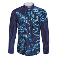 New Zealand Connecting with Seas Family Matching Long Sleeve Bodycon Dress and Hawaiian Shirt Maori Tribal and Sea Animals Tattoo - Sea Texture Glass Style LT03 Dad's Shirt - Long Sleeve Navy - Polynesian Pride