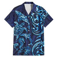 New Zealand Connecting with Seas Family Matching Mermaid Dress and Hawaiian Shirt Maori Tribal and Sea Animals Tattoo - Sea Texture Glass Style LT03 Dad's Shirt - Short Sleeve Navy - Polynesian Pride