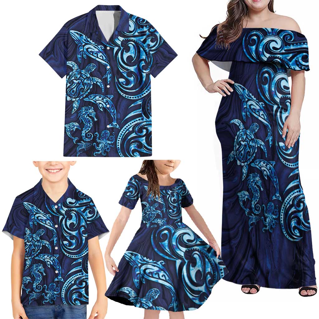 New Zealand Connecting with Seas Family Matching Off Shoulder Maxi Dress and Hawaiian Shirt Maori Tribal and Sea Animals Tattoo - Sea Texture Glass Style LT03 - Polynesian Pride