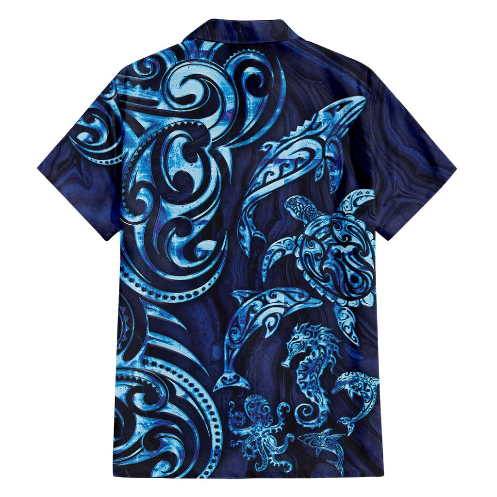 New Zealand Connecting with Seas Family Matching Off Shoulder Maxi Dress and Hawaiian Shirt Maori Tribal and Sea Animals Tattoo - Sea Texture Glass Style LT03 - Polynesian Pride