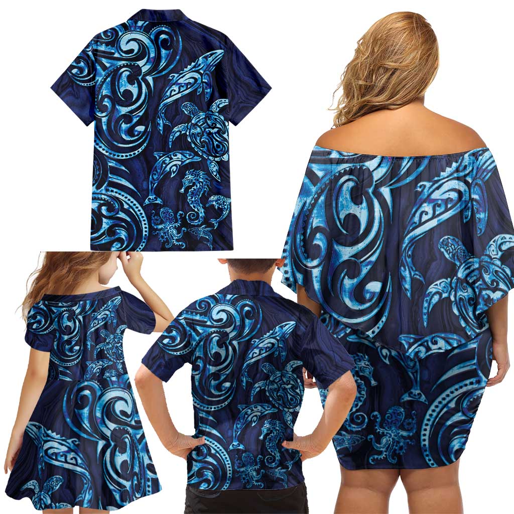 New Zealand Connecting with Seas Family Matching Off Shoulder Short Dress and Hawaiian Shirt Maori Tribal and Sea Animals Tattoo - Sea Texture Glass Style LT03 - Polynesian Pride