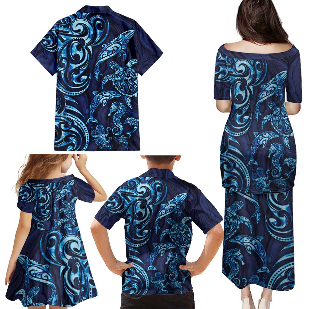 New Zealand Connecting with Seas Family Matching Puletasi and Hawaiian Shirt Maori Tribal and Sea Animals Tattoo - Sea Texture Glass Style LT03 - Polynesian Pride