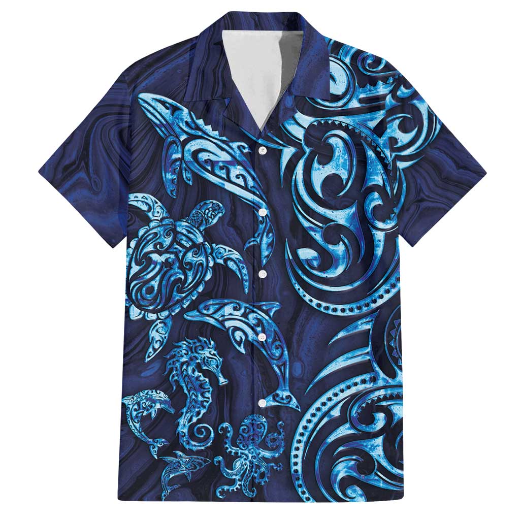 New Zealand Connecting with Seas Family Matching Puletasi and Hawaiian Shirt Maori Tribal and Sea Animals Tattoo - Sea Texture Glass Style LT03 Dad's Shirt - Short Sleeve Navy - Polynesian Pride