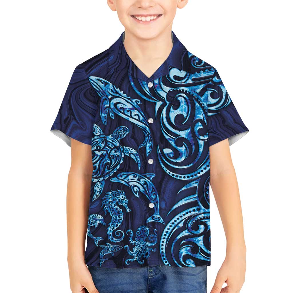 New Zealand Connecting with Seas Family Matching Puletasi and Hawaiian Shirt Maori Tribal and Sea Animals Tattoo - Sea Texture Glass Style LT03 Son's Shirt Navy - Polynesian Pride