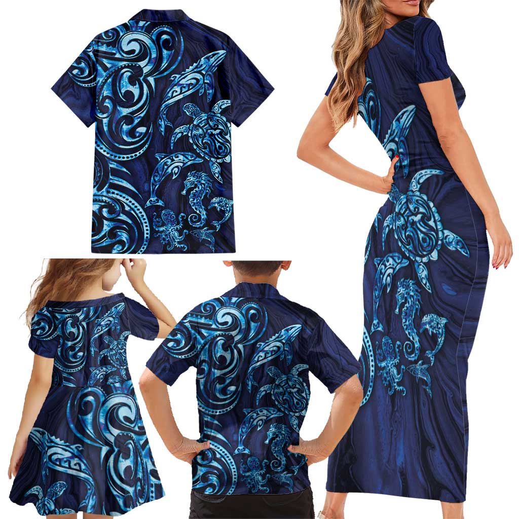 New Zealand Connecting with Seas Family Matching Short Sleeve Bodycon Dress and Hawaiian Shirt Maori Tribal and Sea Animals Tattoo - Sea Texture Glass Style LT03 - Polynesian Pride