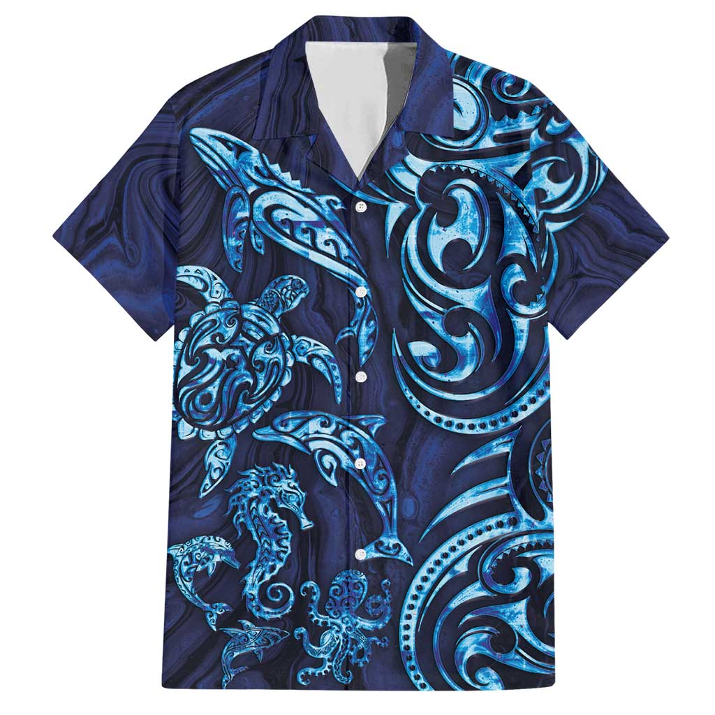 New Zealand Connecting with Seas Family Matching Short Sleeve Bodycon Dress and Hawaiian Shirt Maori Tribal and Sea Animals Tattoo - Sea Texture Glass Style LT03 Dad's Shirt - Short Sleeve Navy - Polynesian Pride