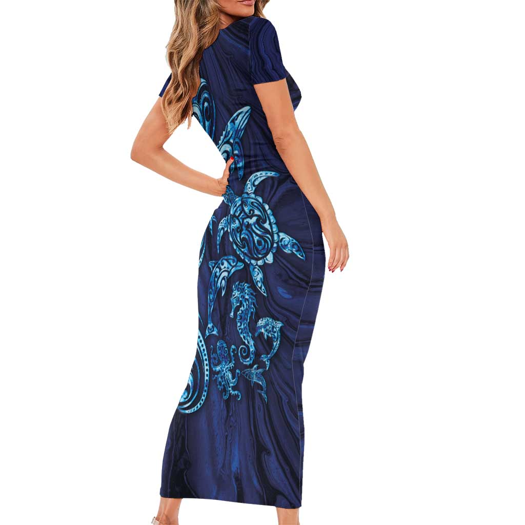 New Zealand Connecting with Seas Family Matching Short Sleeve Bodycon Dress and Hawaiian Shirt Maori Tribal and Sea Animals Tattoo - Sea Texture Glass Style LT03 - Polynesian Pride