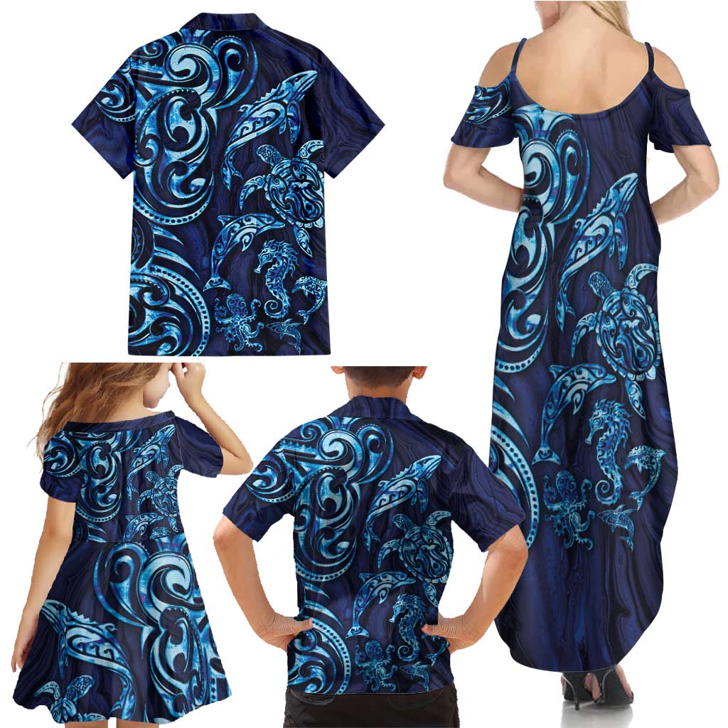 New Zealand Connecting with Seas Family Matching Summer Maxi Dress and Hawaiian Shirt Maori Tribal and Sea Animals Tattoo - Sea Texture Glass Style LT03 - Polynesian Pride