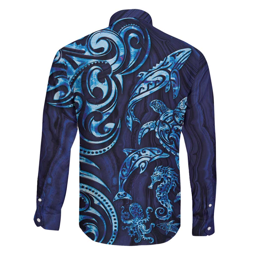 New Zealand Connecting with Seas Family Matching Summer Maxi Dress and Hawaiian Shirt Maori Tribal and Sea Animals Tattoo - Sea Texture Glass Style LT03 - Polynesian Pride