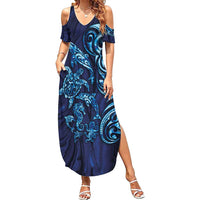 New Zealand Connecting with Seas Family Matching Summer Maxi Dress and Hawaiian Shirt Maori Tribal and Sea Animals Tattoo - Sea Texture Glass Style LT03 Mom's Dress Navy - Polynesian Pride