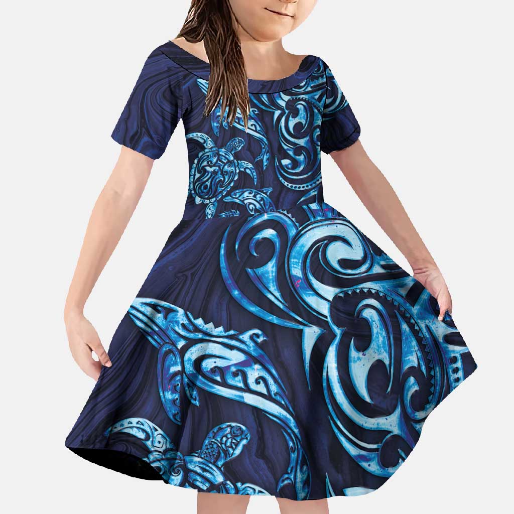 New Zealand Connecting with Seas Family Matching Tank Maxi Dress and Hawaiian Shirt Maori Tribal and Sea Animals Tattoo - Sea Texture Glass Style LT03 Daughter's Dress Navy - Polynesian Pride