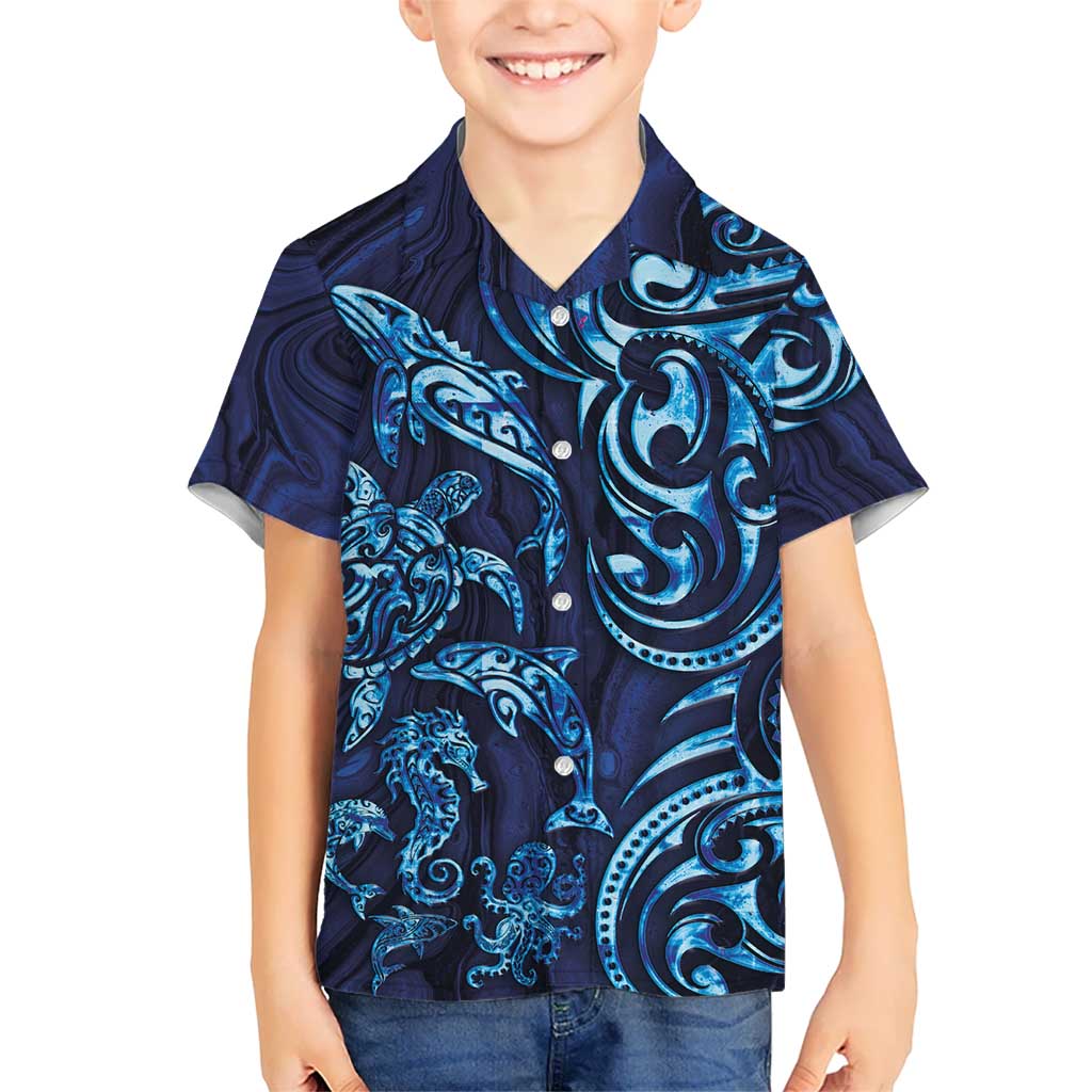 New Zealand Connecting with Seas Kid Hawaiian Shirt Maori Tribal and Sea Animals Tattoo - Sea Texture Glass Style LT03 Kid Navy - Polynesian Pride