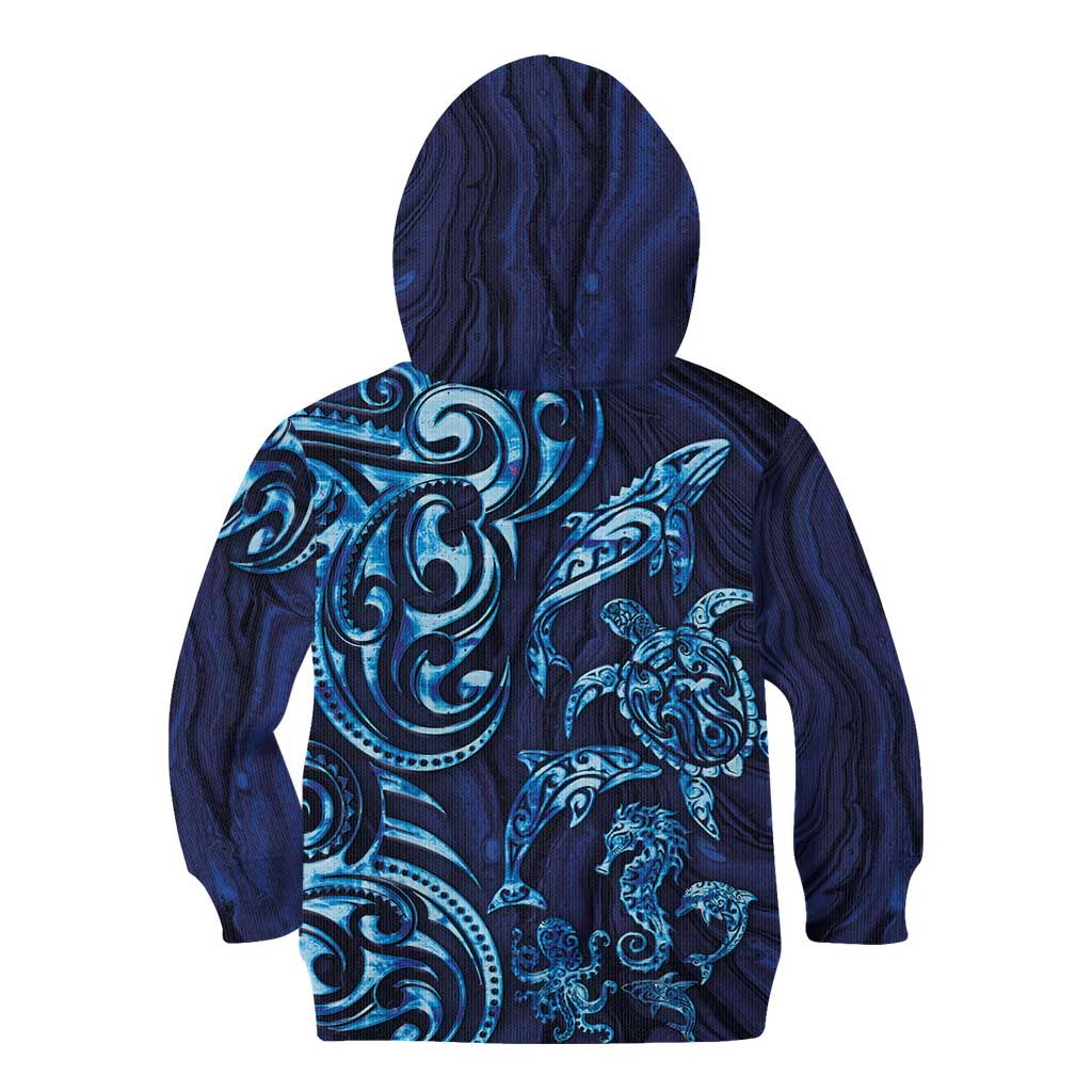 New Zealand Connecting with Seas Kid Hoodie Maori Tribal and Sea Animals Tattoo - Sea Texture Glass Style