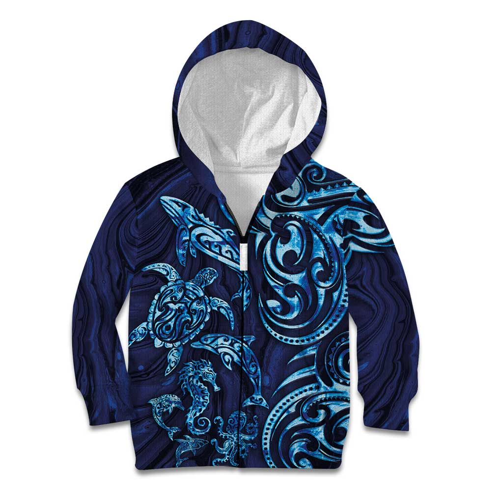 New Zealand Connecting with Seas Kid Hoodie Maori Tribal and Sea Animals Tattoo - Sea Texture Glass Style