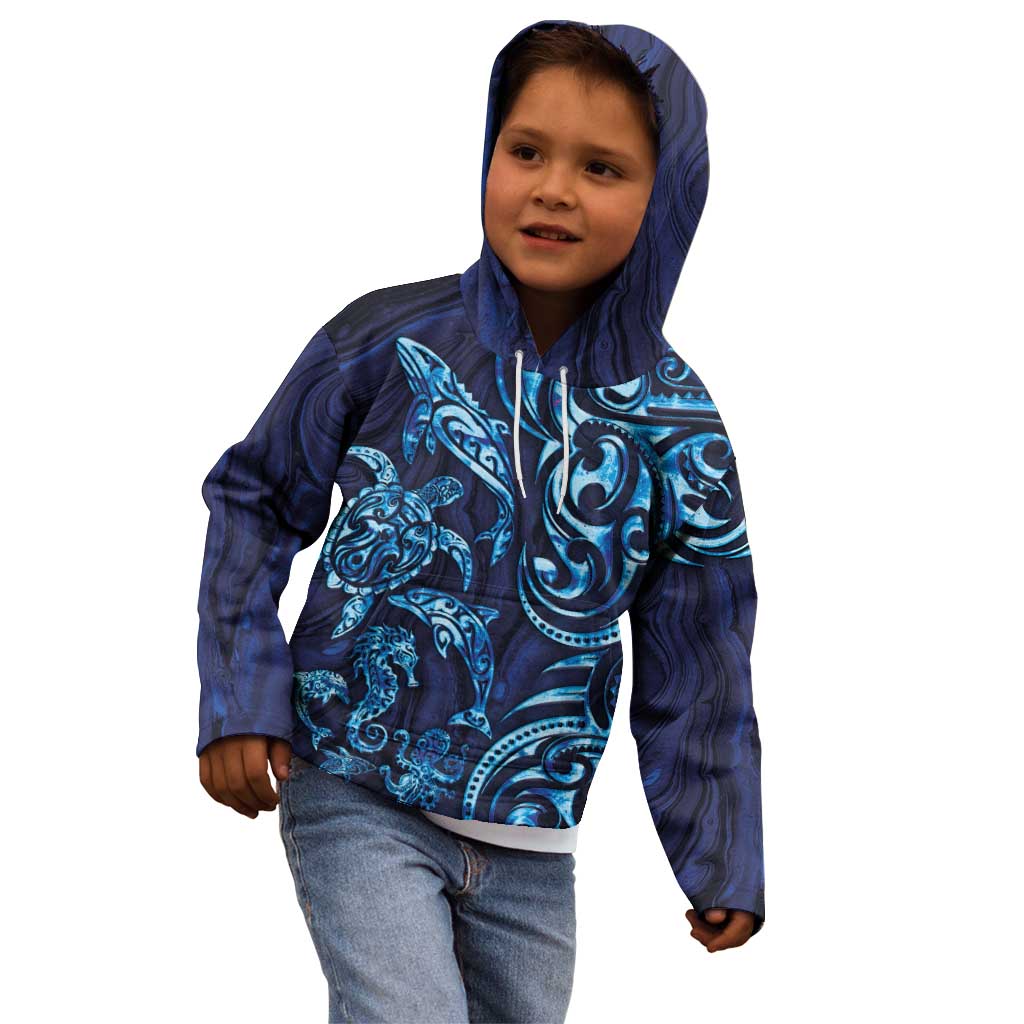 New Zealand Connecting with Seas Kid Hoodie Maori Tribal and Sea Animals Tattoo - Sea Texture Glass Style