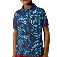 New Zealand Connecting with Seas Kid Polo Shirt Maori Tribal and Sea Animals Tattoo - Sea Texture Glass Style LT03 Kid Navy - Polynesian Pride