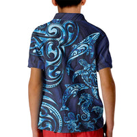 New Zealand Connecting with Seas Kid Polo Shirt Maori Tribal and Sea Animals Tattoo - Sea Texture Glass Style LT03 - Polynesian Pride