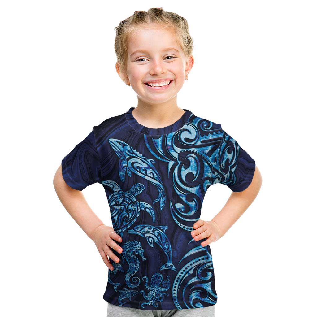 New Zealand Connecting with Seas Kid T Shirt Maori Tribal and Sea Animals Tattoo - Sea Texture Glass Style LT03 Navy - Polynesian Pride
