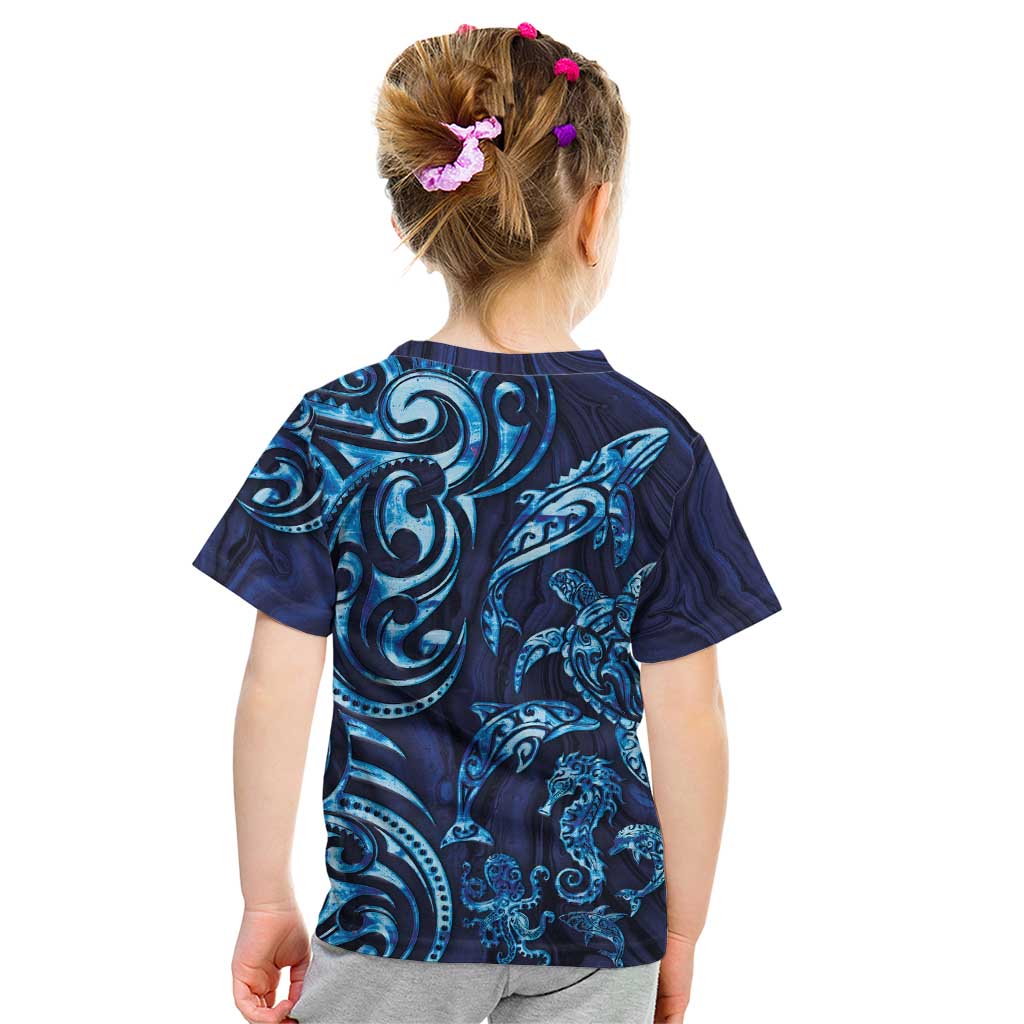 New Zealand Connecting with Seas Kid T Shirt Maori Tribal and Sea Animals Tattoo - Sea Texture Glass Style LT03 - Polynesian Pride