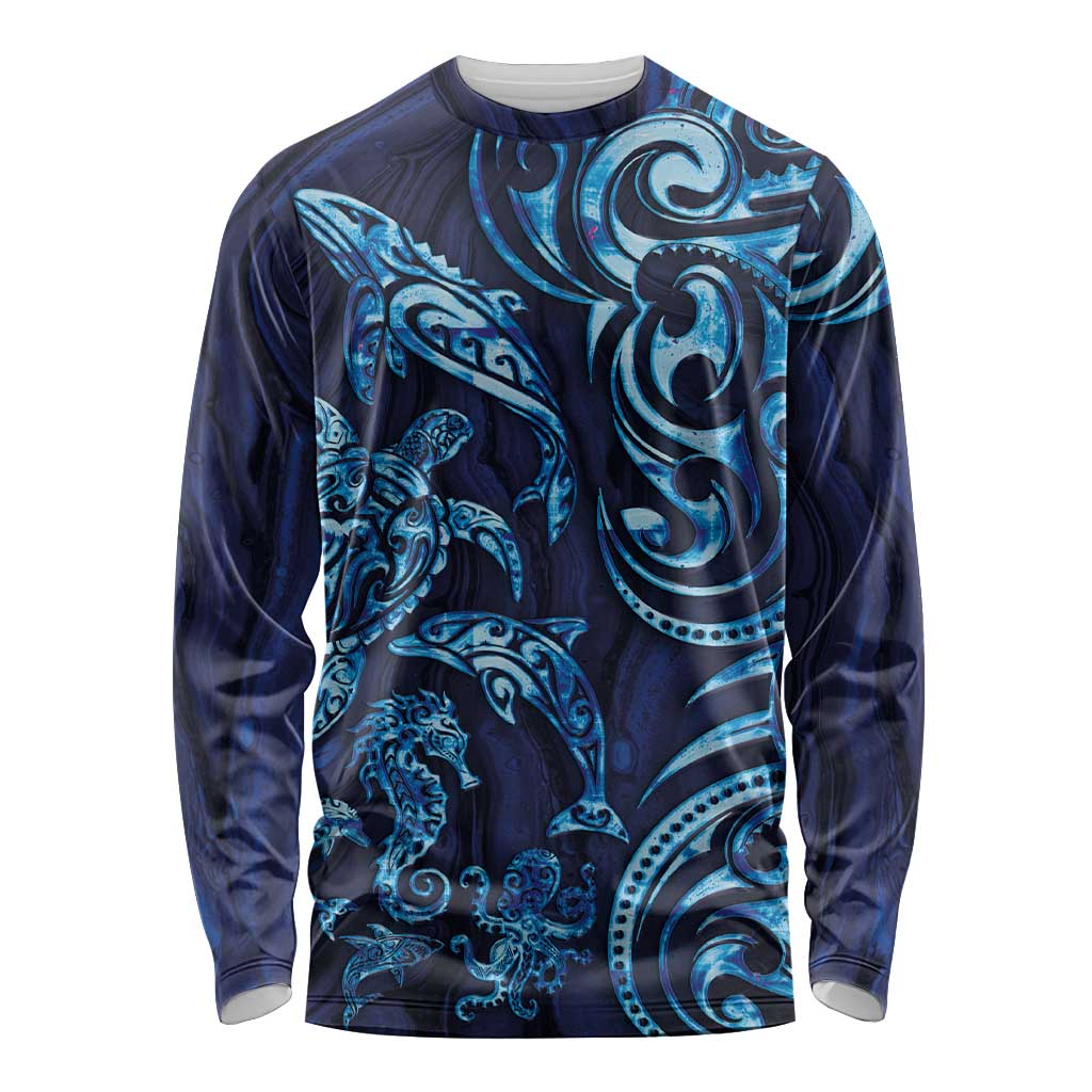 New Zealand Connecting with Seas Long Sleeve Shirt Maori Tribal and Sea Animals Tattoo - Sea Texture Glass Style LT03 Unisex Navy - Polynesian Pride