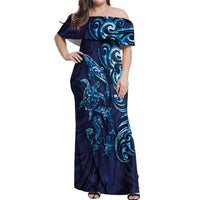 New Zealand Connecting with Seas Off Shoulder Maxi Dress Maori Tribal and Sea Animals Tattoo - Sea Texture Glass Style