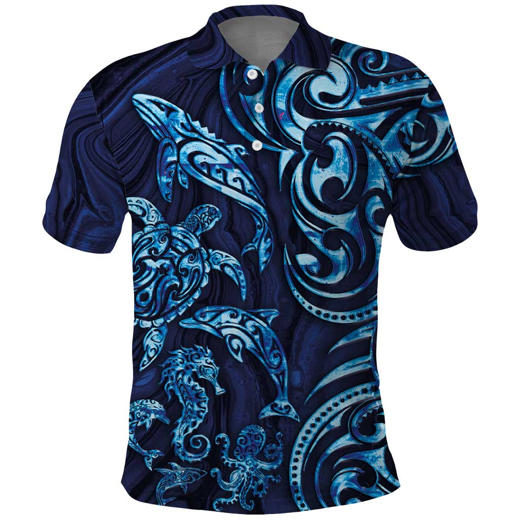 New Zealand Connecting with Seas Polo Shirt Maori Tribal and Sea Animals Tattoo - Sea Texture Glass Style
