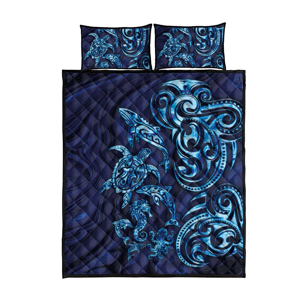 New Zealand Connecting with Seas Quilt Bed Set Maori Tribal and Sea Animals Tattoo - Sea Texture Glass Style