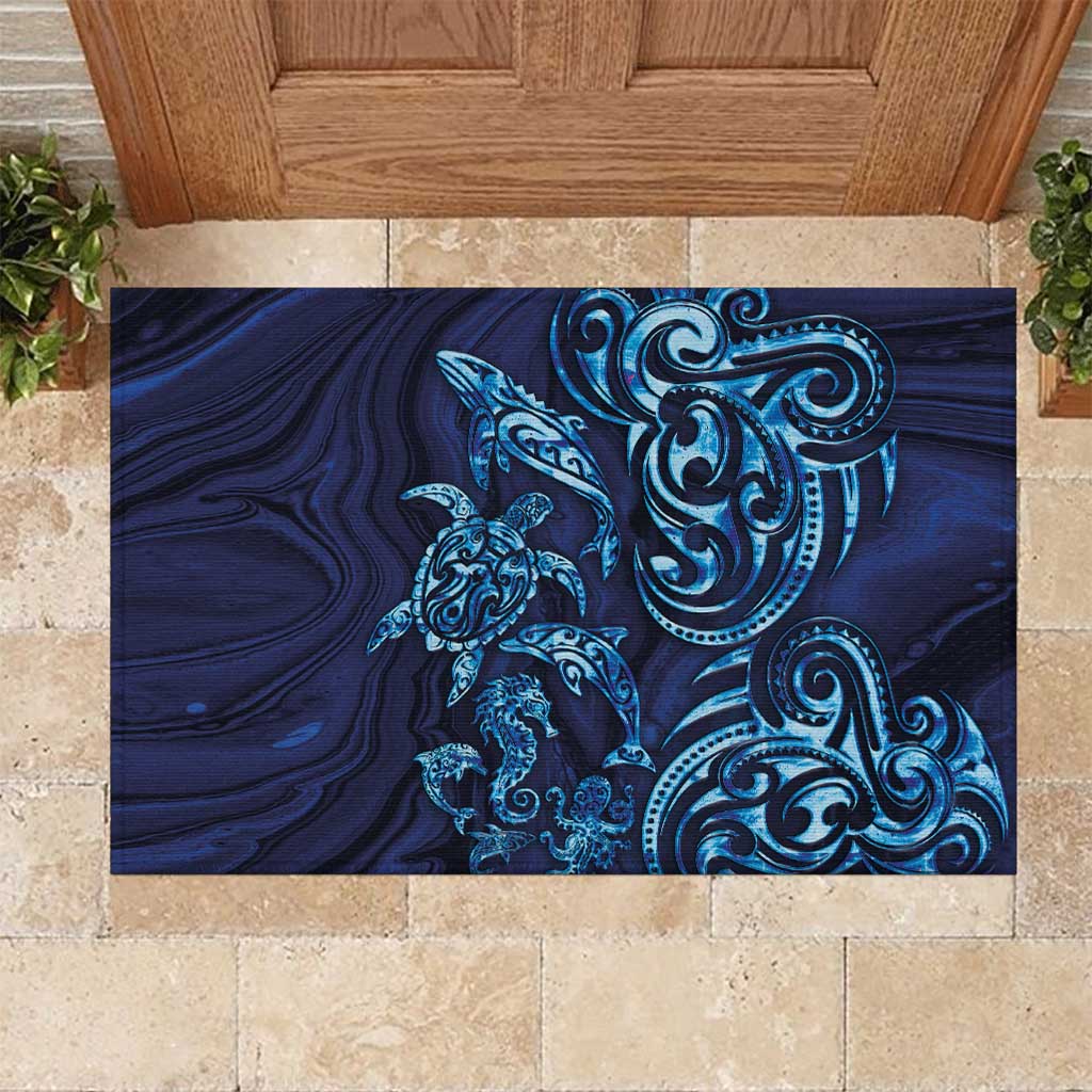 New Zealand Connecting with Seas Rubber Doormat Maori Tribal and Sea Animals Tattoo - Sea Texture Glass Style LT03 Navy - Polynesian Pride
