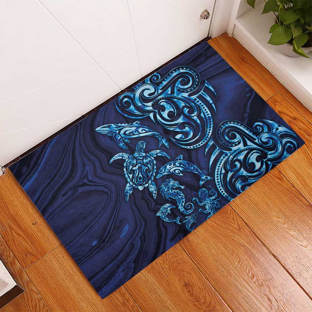 New Zealand Connecting with Seas Rubber Doormat Maori Tribal and Sea Animals Tattoo - Sea Texture Glass Style LT03 - Polynesian Pride