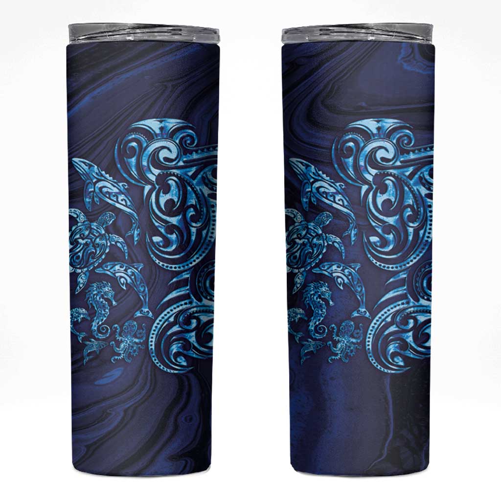 New Zealand Connecting with Seas Skinny Tumbler Maori Tribal and Sea Animals Tattoo - Sea Texture Glass Style LT03 Navy - Polynesian Pride